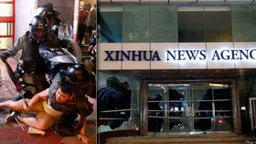 Demonstranti v Hongkongu zdemolovali kancelář agentury Nová Čína, policie vytáhla obušky i slzný plyn (2. 11. 2019).