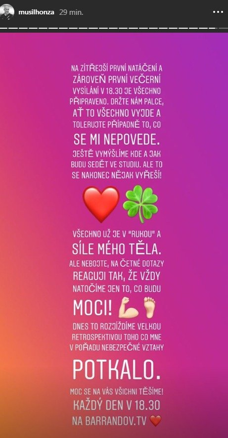 Zpráva Honzy Musila na instagramu ohledně prvního natáčení po propuštění z nemocnice