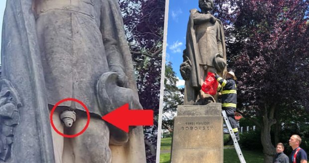Vosy „vylepšily” sochu Karla Havlíčka Borovského: Hnízdo ve tvaru přirození odstraňovali hasiči