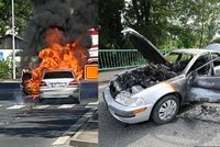 Auto se změnilo v ohnivou kouli: Řidiče zachraňoval pohotový motorkář