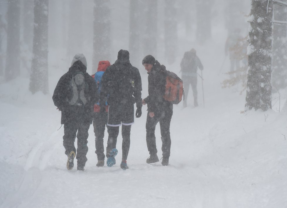 Peší turisté vyrazili 30. ledna 2021 ze sedla Skřítek na Rýmařovsku v Jeseníkách.