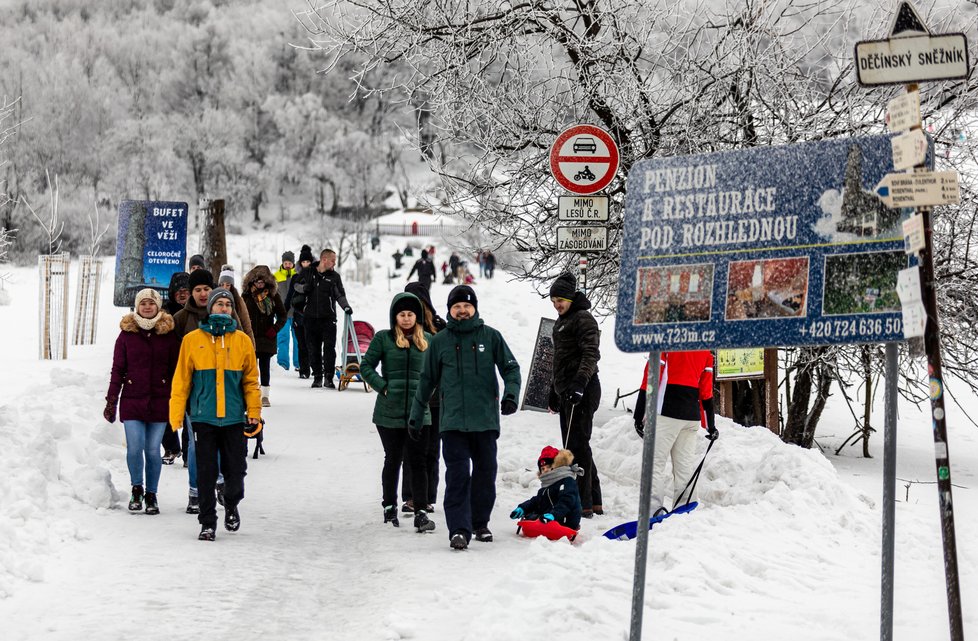 Lidé vyrazili 30. ledna 2021 na stezky a zasněžené svahy v okolí Sněžníku na  Děčínsku.