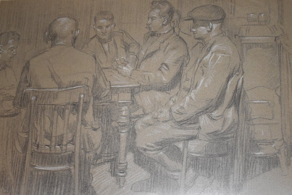 Kresba hospodských hostů od Valentýna Držkovice, které obvykle kreslil během popíjení s Bezručem.