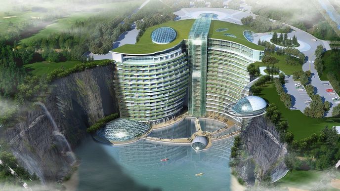 Hotel na okraji Šanghaje je doslova přilepený ke svahu osmdesát metrů hluboké jámy o ploše pěti fotbalových hřišť v areálu kamenolomu Sheshan Shimao má 336 pokojů a podvodní restaurace.