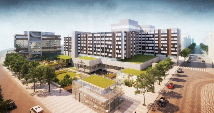 Práce na přestavbě hotelu InterContinental v Praze 1 pokračují: Vedle budovy roste skokanský můstek i park