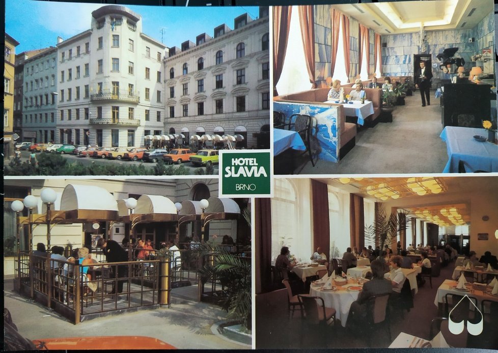 Hotel Slavia v Brně na pohlednici z osmdesátých let