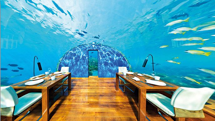 Maledivy, první podmořská restaurace na světě. Za příplatek 12 000 dolarů vám tu připraví i pokoj.