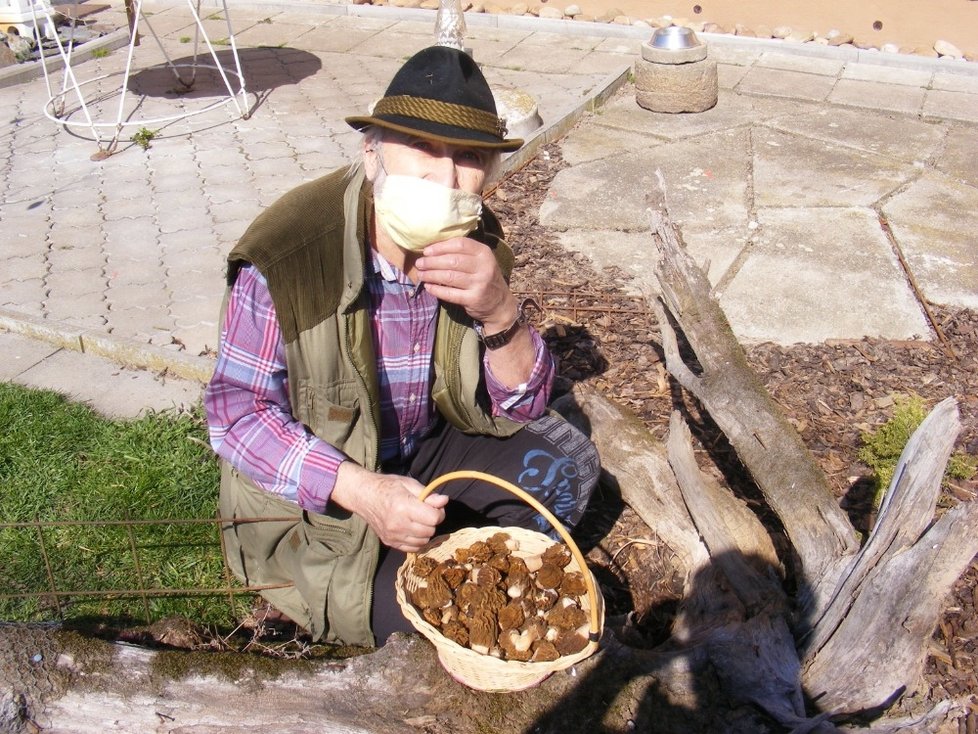 Miroslav Kotzauer (77) s plným košíkem hub.