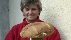 Paní Jitka s hřibem o výšce 27 centimetrů, váze 1,3 kilogramu a s šířkou klobouku 21 centimetrů.