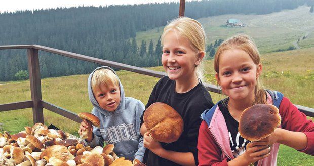 Tomík (7), Viky (11) a Kačka (13) s nasbíranými hříbky.