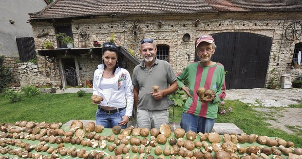 Antonín Lelovics (48, uprostřed) z Hostimi u Berouna se svou přítelkyní Michaelou Šaldovou a správcem svého statku Františkem Doležalem se chlubí úlovkem, který čítá asi 1000 hřibů