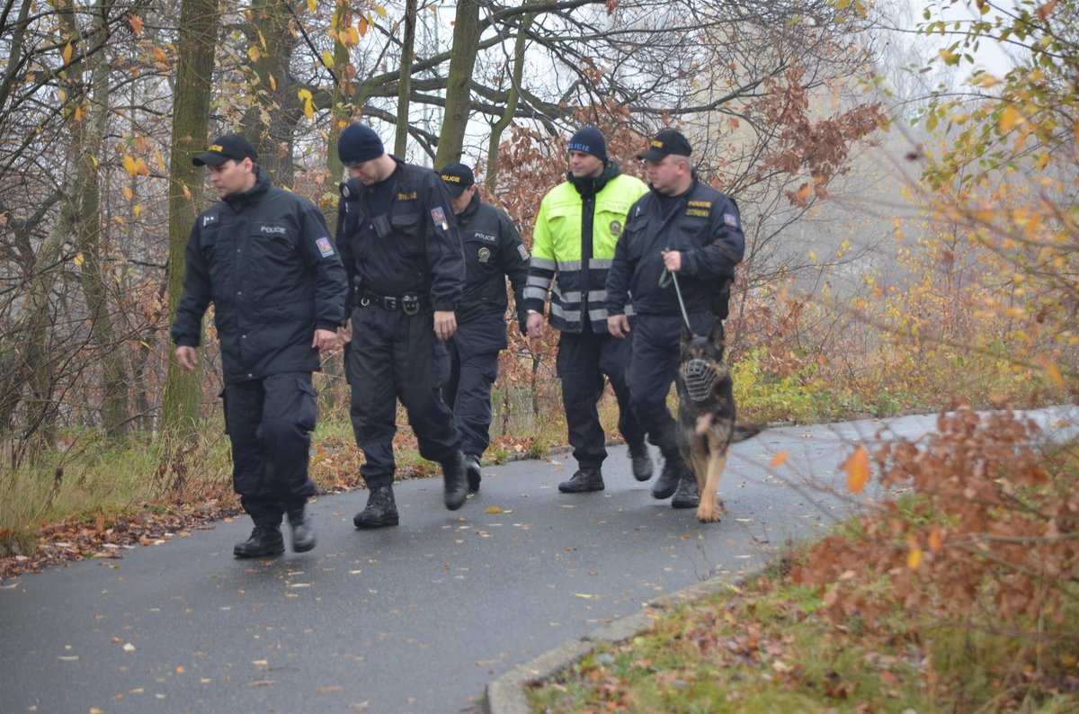 Policie se psy pvrohledávala okolí a pátrala po stopách pachatele vraždy.