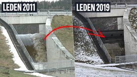 Leden 2011: Přepad z přehrady, kterým se valí voda do údolí. Nyní je přepad suchý.