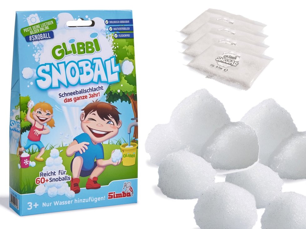 Zažij koulovanou nejen v zimě! Díky Glibbi Snoball si můžeš užít sněhové radovánky kdykoli. Uspořádej sněhovou bitvu na zahradě i na pláži. Umělý sníh není ledový a na slunci se nerozpouští tak, jako opravdová sněhová koule. Se sadou vytvoříte až 60 koulí z umělého sněhu. Je to jednoduché - vysypejte sáček s umělým sněhem do kyblíku a přilijte 1,2 l vody na 20g prášku. Promíchejte a koulovaná může začít. Hmota je šetrná k pokožce a biologicky odbouratelná. Balení obsahuje čtyři sáčky po 20g umělého sněhu. Prodává Simba Toys za 189,-