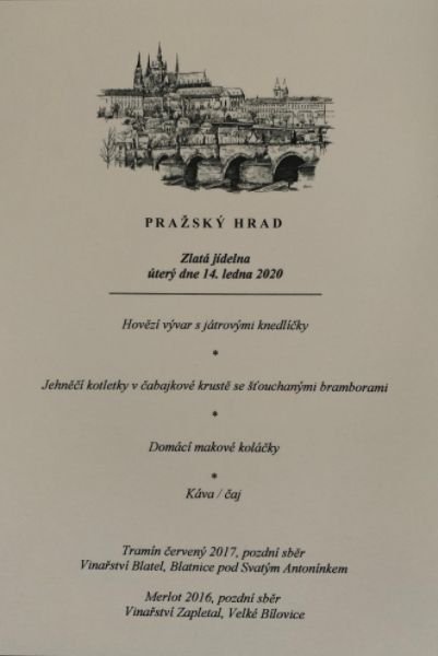 Menu pro oběd prezidenta Miloše Zemana s předsedy parlamentních komor Jaroslavem Kuberou (ODS) a Radkem Vondráčkem (ANO)