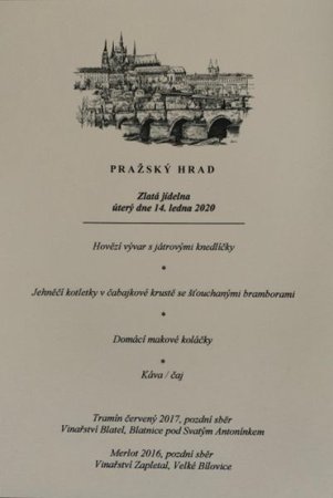 Menu pro oběd prezidenta Miloše Zemana s předsedy parlamentních komor Jaroslavem Kuberou (ODS) a Radkem Vondráčkem (ANO)