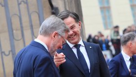 Premiér Petr Fiala (ODS) vítá svůj nizozemský protějšek Marka Rutteho.