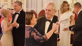 Ples na Hradě: Martin Stropnický s Veronikou Žilkovou, Miloš Zeman s chotí Ivanou a Andrej Babiš s partnerkou Monikou