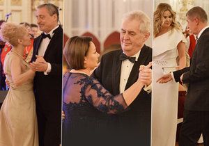 Ples na Hradě: Martin Stropnický s Veronikou Žilkovou, Miloš Zeman s chotí Ivanou a Andrej Babiš s partnerkou Monikou