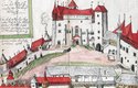 Podoba Křivoklátu z roku 1643 dokumentuje různé stavební fáze. Gotický palá ze 13. století (uprostřed) byl původně o celé jedno patro vyšší než dnes. Vpravo je vidět již neexistující barokní cibulovitou báň věže, vlevo dole pak stupňovité renesanční cimbuří hradby