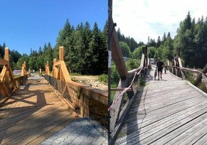 Opravený a původní (vpravo) hradlový most přes řeku Vydru u Modravy na Šumavě.