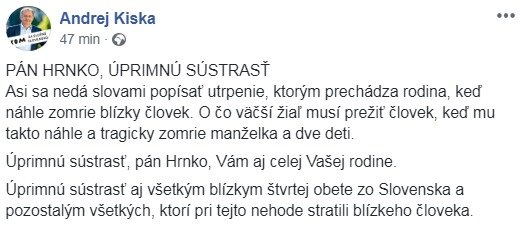 Reakce prezidenta Slovenské republiky Andreje Kiska ohledně úmrtí manželky a dvou dětí poslance Antona Hrnky