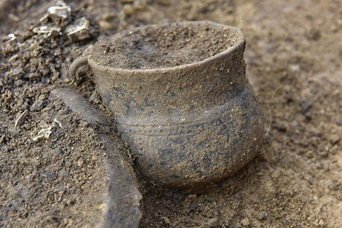 Detail nádobky v jednom z kostrových hrobů, jde o kulturu se zvoncovitými poháry.