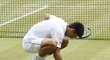 Je to tam! Djokovič se dotýká posvátného wimbledonského trávníku, kde už potřetí získal titul