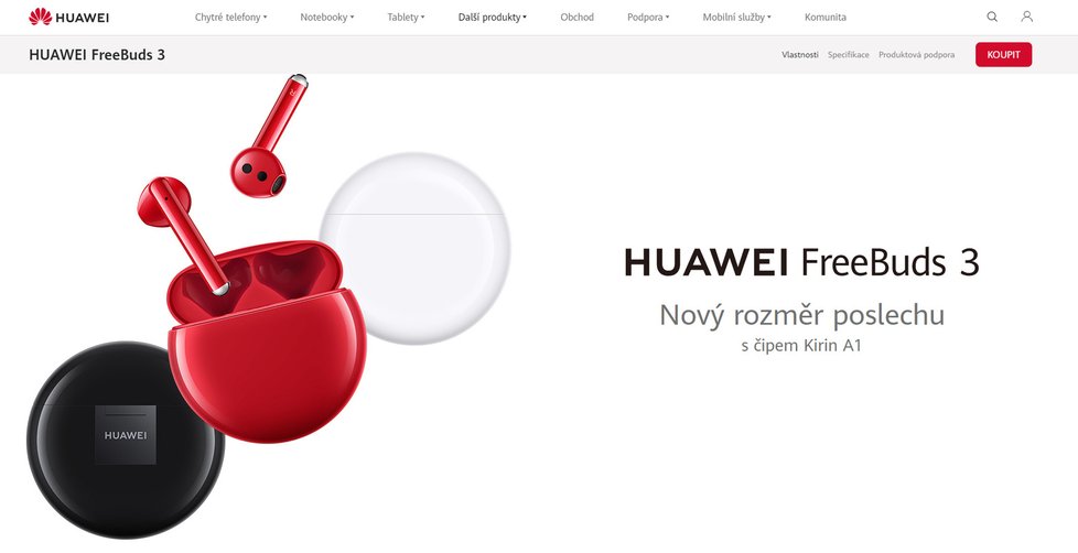 Na českých stránkách Huawei je sice červená verze sluchátek Freebuds 3 vyobrazena, ale v obchodech ji nenajdete