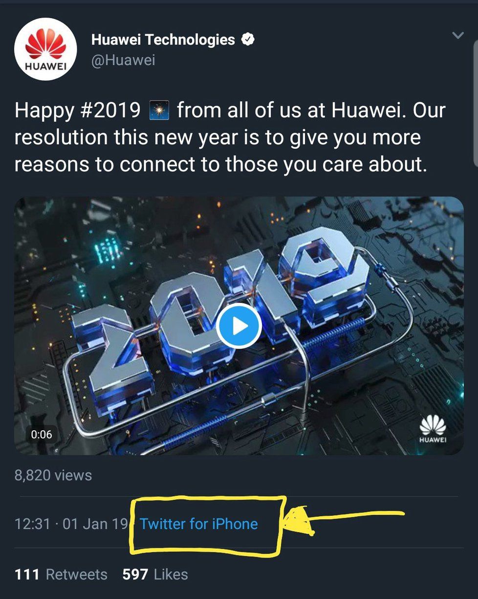 Na oficiálním twitterovém účtu firmy Huawei se objevilo, že byl tweet firmy odeslán z iPhonu