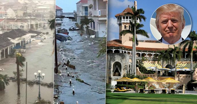 Zkáza na ostrově Svatý Martin v Karibiku: Schytalo to i Trumpovo sídlo, ohrožen je i jeho klub (vpravo).
