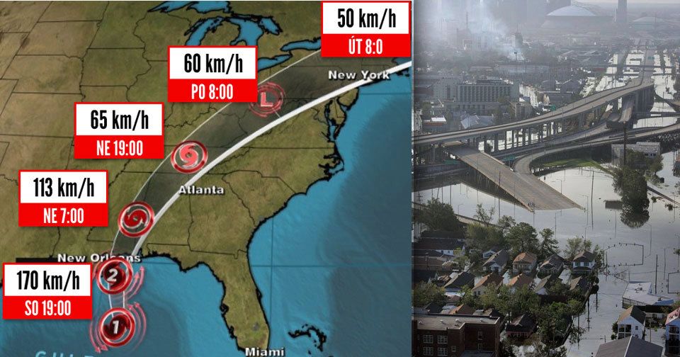 Hurikán Nate se blíží k americké pevnině. USA by měl zasáhnout v sobotu v noci. Udeřit může i na New Orleans. Město před 12 lety zpustošil hurikán Katrina (snímek vpravo).