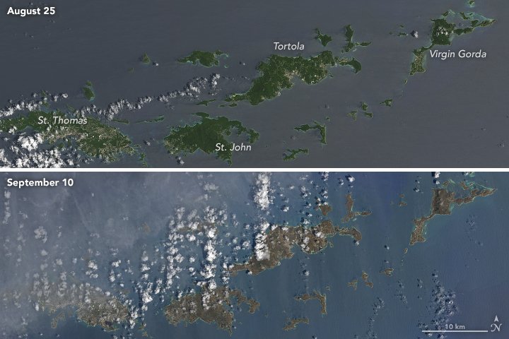 Cesta ničivého hurikánu Irma vedla také přes Panenské ostrovy. Fotka nahoře znázorňuje oblast před hurikánem, ta spodní po jejím zasažení.