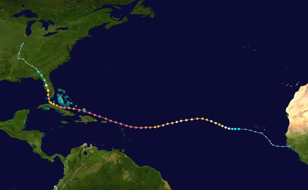 Trasa hurikánu Irma přes Atlantický oceán.