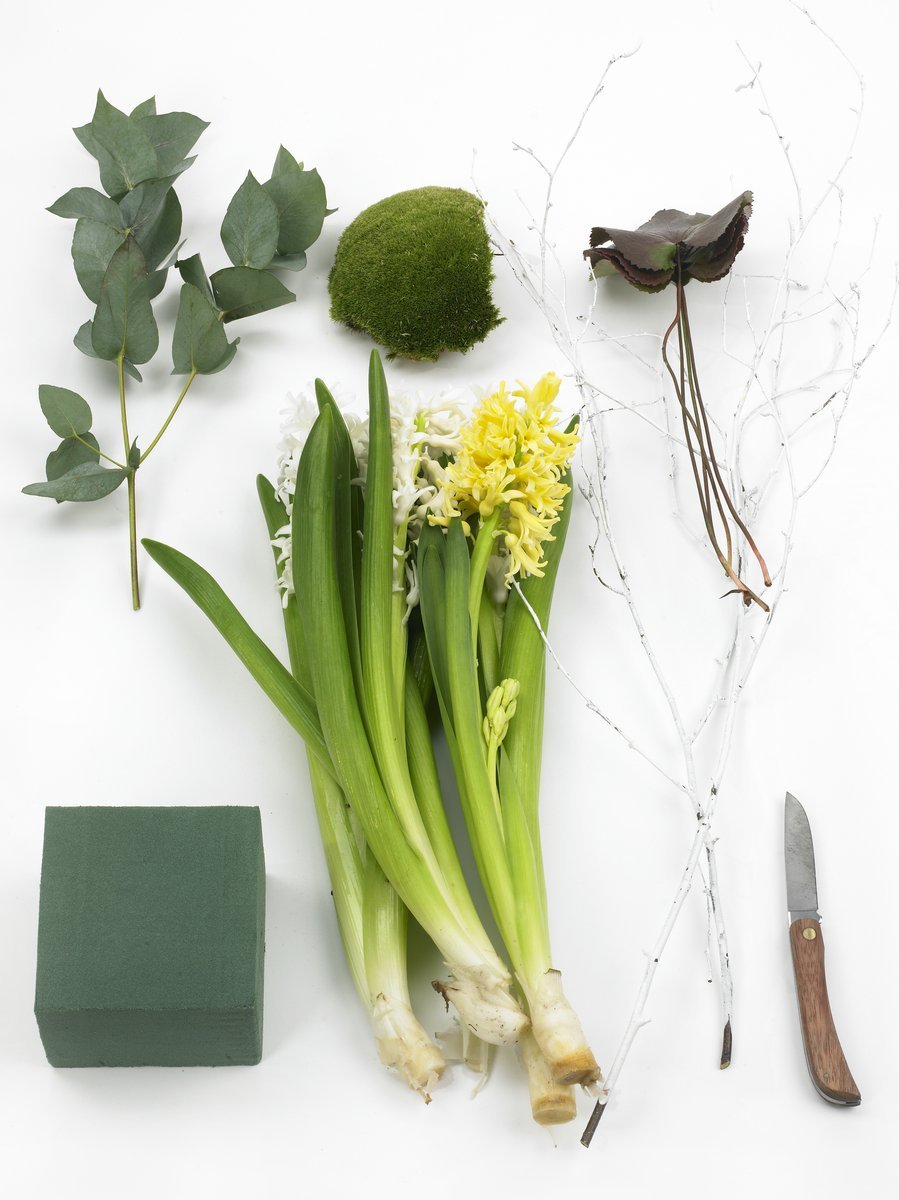 Připravte si žlutý a bílý hyacint, listy stálezelených rostlin, mech, obarvené březové větvičky a pěnovou aranžovací hmotu.