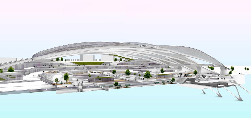 Podoba futuristického nádraží budoucnosti pro hyperloop.