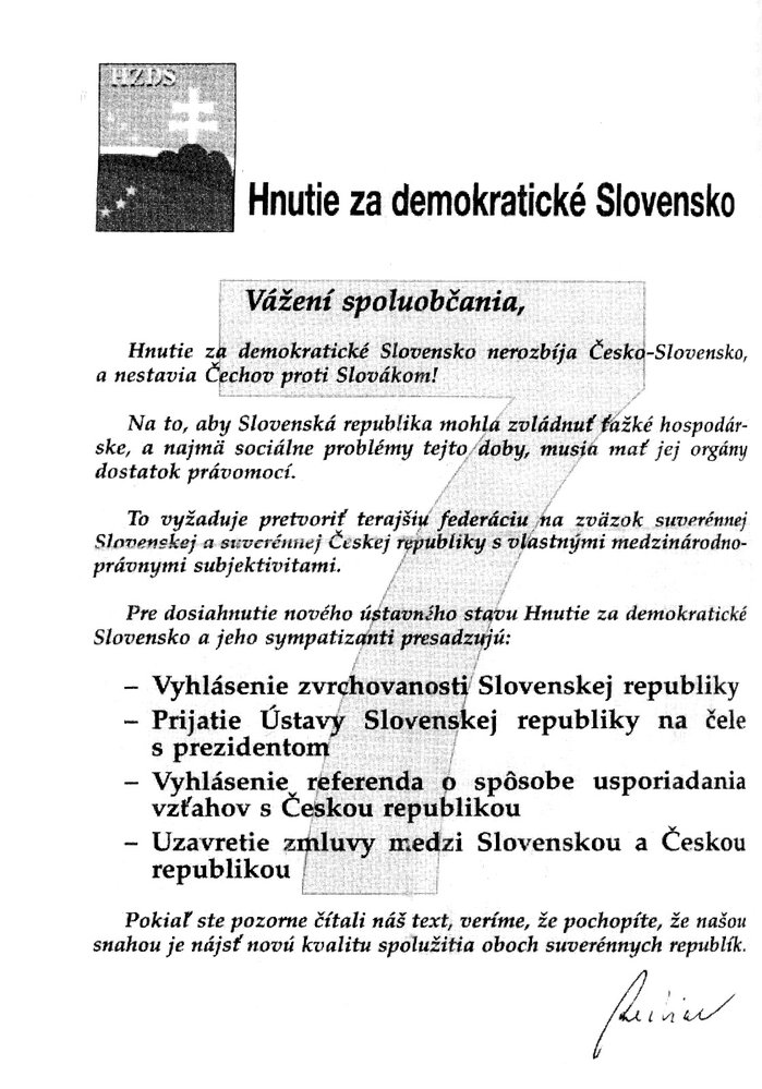 Volební leták Hnutí za demokratické Slovensko (květen 1992)