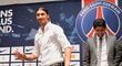 Zlatan Ibrahimovic na tiskové konferenci PSG s prezidentem klubu Nasserem Al-Khelaifim a sportovním ředitelem Leonardem.