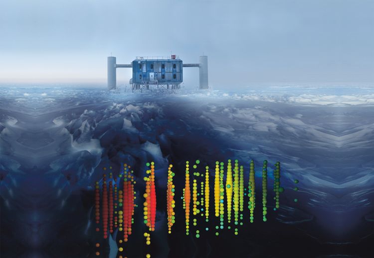 Grafické znázorně- ní zachycení neutrina jednotlivými detek- tory. Barvy od červe- né k zelené a modré zobrazují časovou posloupnost. Na ledu stojí viditelná část observatoře Ice Cube