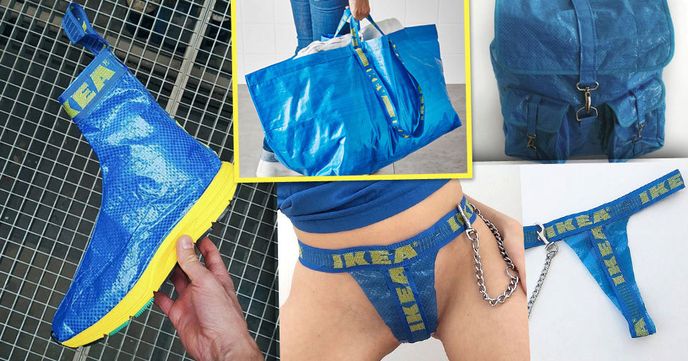 Modrý pytel z obchodu IKEA se dá přetvořit v řadu oblečení a doplňků. 