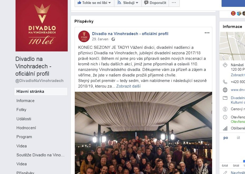 Poslední status na Facebooku Divadla na Vinohradech byl včera z 29. června.