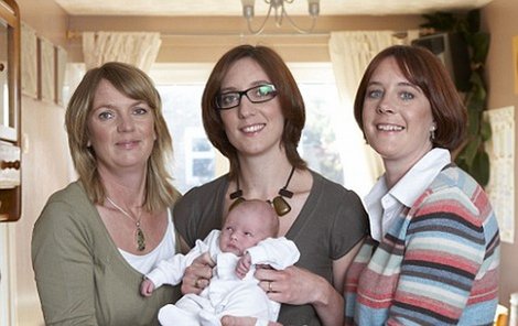 Alex s miminkem. Po pravé ruce má sestru Helen, která dítě porodila, po levé ruce sestru Charlotte, která darovala vajíčka. 