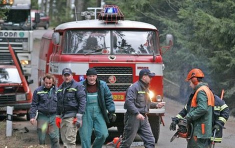 Dobrovolní hasiči z Vysočiny odklízejí zřícený kmen ze silnice.