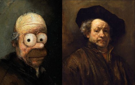 Homer Simpson jako slavný Rembrandt van Rijn(1606 až 1669), jen klobouk musel pryč – poznávacím znamením taťky Homera je přece jeho žlutá pleš. 