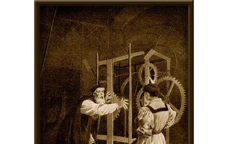 Ilustrace znázorňující podle pověsti slepého Hanuše, kterak zastavuje hodinový stroj orloje.