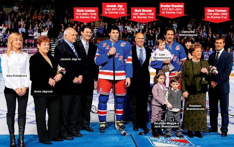 Jaromír Jágr a Brendan Shanahen s nejbližšími rodinnými příslušníky a bývalými spoluhráči se představili na červeném koberci v Madison Square Garden.