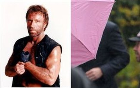 Praha-BARRANDOV, Pátek 15.00: Chuck Norris si v Praze kvůli dešti musel nasadit čepici.
