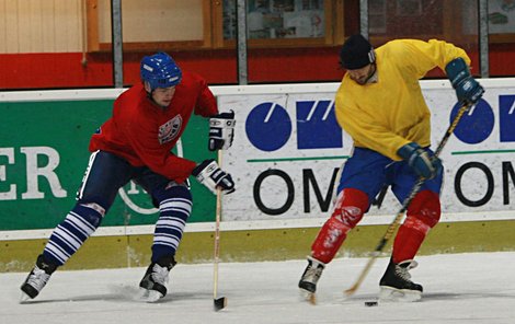 Slovenská hokejová selanka v podání brankáře Matúše Kozáčika (vlevo) a obránce Mateje Krajčíka.