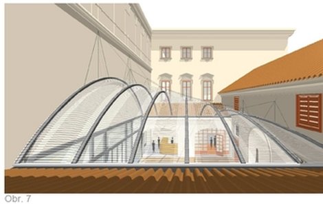 Střecha bude lehce při-chycena na třech bodech, aby co nejméně poničila fasádu. Ovšem právě s tímto prvkem přestavby mají největší problém pa-mátkáři.