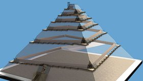 Na této animaci je dobře vidět, jak Egypťané vybudovali vnitřní rampu na dostavění pyramidy
